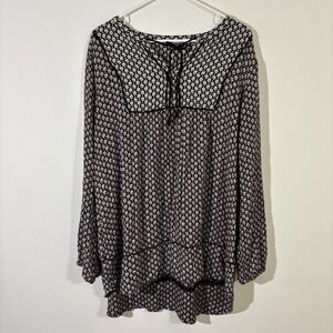 Fat Face Floral Peasant Top Black Pink White Size USA 18 Long Sleeve Boho Flowy